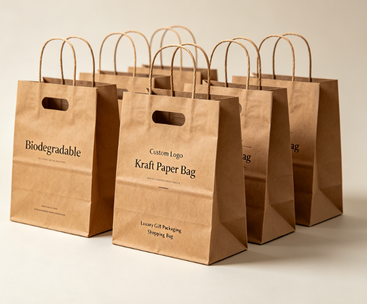 Borsa per la spesa regalo in carta kraft con manico fustellato biodegradabile con logo personalizzato