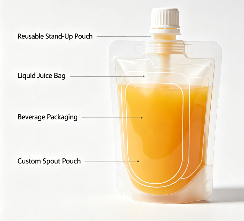Borsa per beccuccio riutilizzabile per bevande liquide riutilizzabile con beccuccio per succo stampato personalizzato