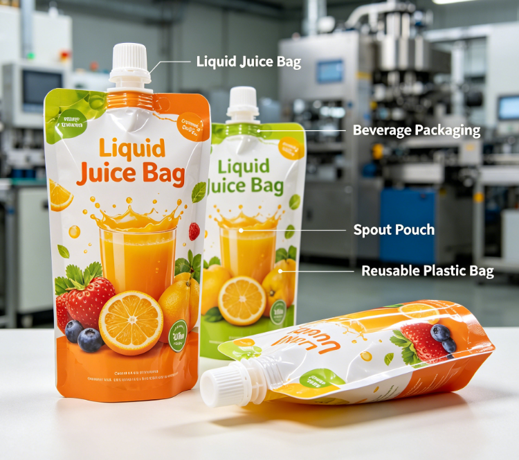 Borsa per beccuccio riutilizzabile per bevande liquide riutilizzabile con beccuccio per succo stampato personalizzato