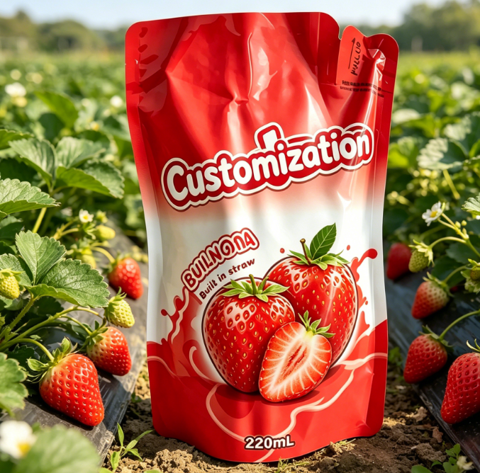 Sacchetti di cannuccia incorporati stampati personalizzati da 220 ml per bevande a base di purea di frutta e succhi