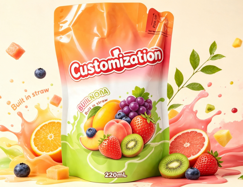 Sacchetti di paglia incorporati per succhi di frutta misti da 220 ml Sacchetti per imballaggio per bevande stampati personalizzati