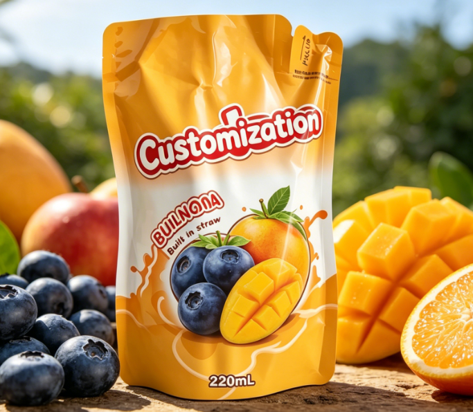Sacchetti di paglia incorporati di purea di frutta al mango da 220 ml Sacchetti per imballaggio di bevande stampati personalizzati
